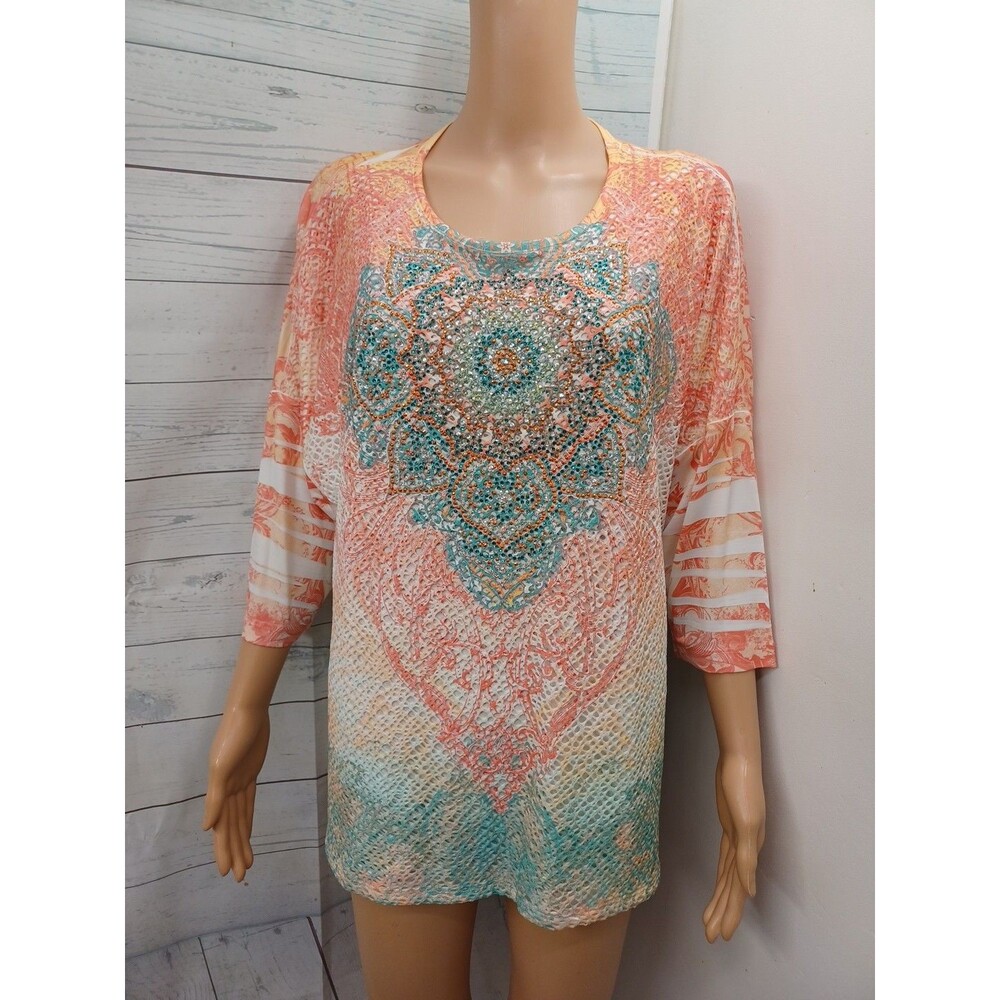 Reba Multicolor Embellished Paisley Print Slinky Tunic Top Sz 1X Boho Travel